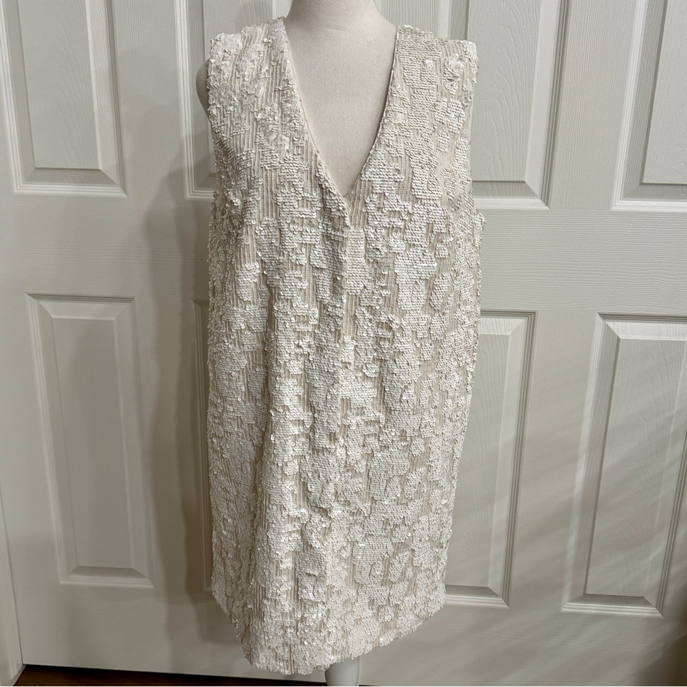 Anthropologie Sunday in Brooklyn White Sequin Vest Dress Medium SnapClose Formal - Picture 10 of 13